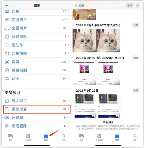 昌江苹果手机维修分享iOS 16 中相册重复项目功能使用方法 