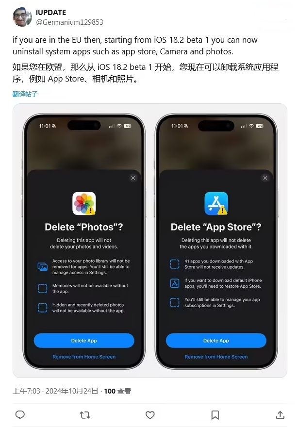 昌江苹果手机维修分享iOS 18.2 支持删除 App Store 应用商店 